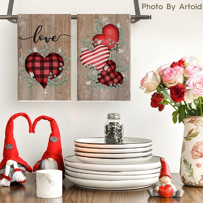 Artoid Mode Wood Heart Love Valentine's Kitchen Towels Dish Towels, 18x26 Inch Farmhouse Wedding Anniversary Decoration Hand Towels Set of 2