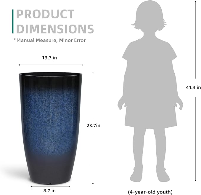 Ultym 23.75" H Large Tall Outdoor Planters, Set of 2 Plastic Large Flower Pots for Outdoor Plants, with Gradient Cobalt Bule Finish, Weather-Resistant for Porch, Garden, Patio or Indoor Use