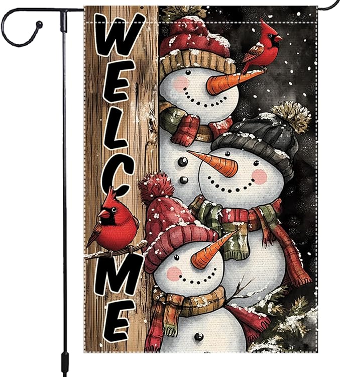 Winter Snowman Family Garden Flag Double Sided 12x18 Inch Small Burlap Outdoor Yard Decoration Holiday Welcome Banner with Cardinals