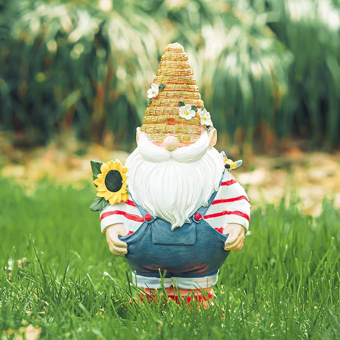 Topadorn Garden Gnome Statue with Sunflower Weather-Resistant Resin Garden Gnome Sculpture for Outdoor Yard Decor,Lawn Ornament and Gift for Garden Lovers