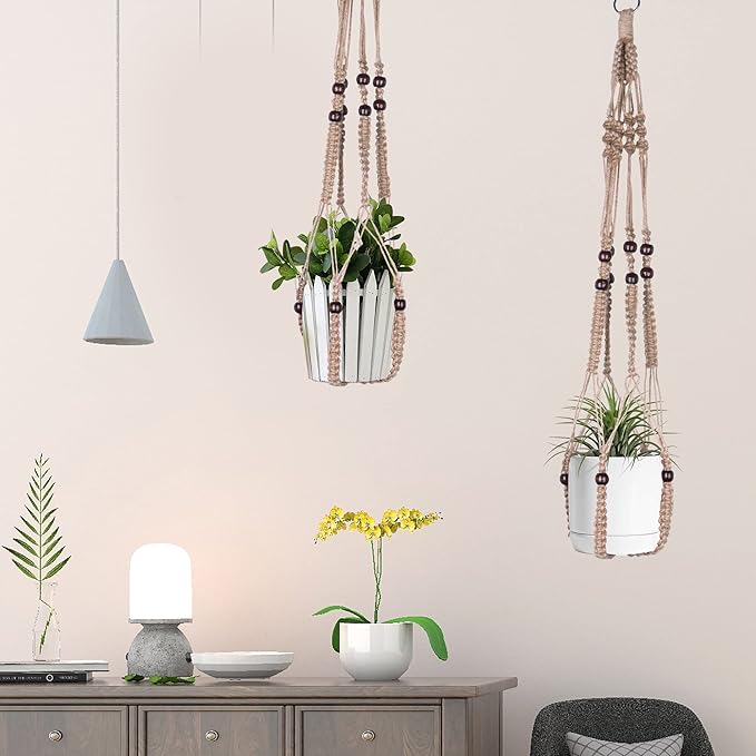 BlueMake Macrame Plant Hanger Indoor Hanging with Wood Beads Macrame Planters No Tassel for Indoor Outdoor Boho Home Decor 35 Inch (Brown, 1pc)
