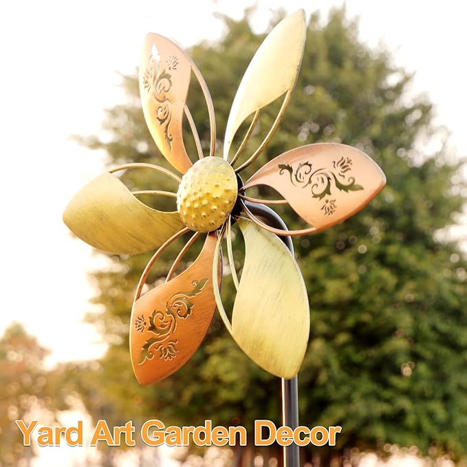 Gronhof Wind Spinners Outdoor Metal, 10.63" W*37" H Pinwheels for Yard and Garden Decor, Kinetic Wind Sculpture Spinner (Gold Ornate Laser-Cut Floral)
