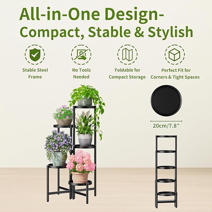 NQW Tall Plant Stand Indoor Outdoor, Corner Metal Flower Pot Stands for Multiple Plants, 5 Tier Heavy Duty Plant Shelf for Patio Garden Balcony Living Room Bedroom - BlackDisk