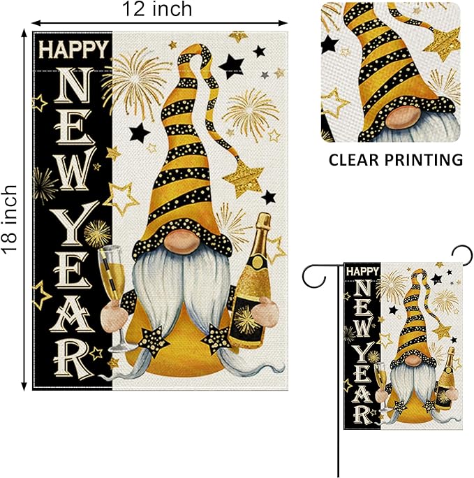 Happy New Year Gnome Decorative Garden Flag, Christmas Winter Celebration Champagne Fireworks Stars Yard Decorations, 2026 Black Gold Outdoor Small Burlap Home Decor Double Sided 12 x 18