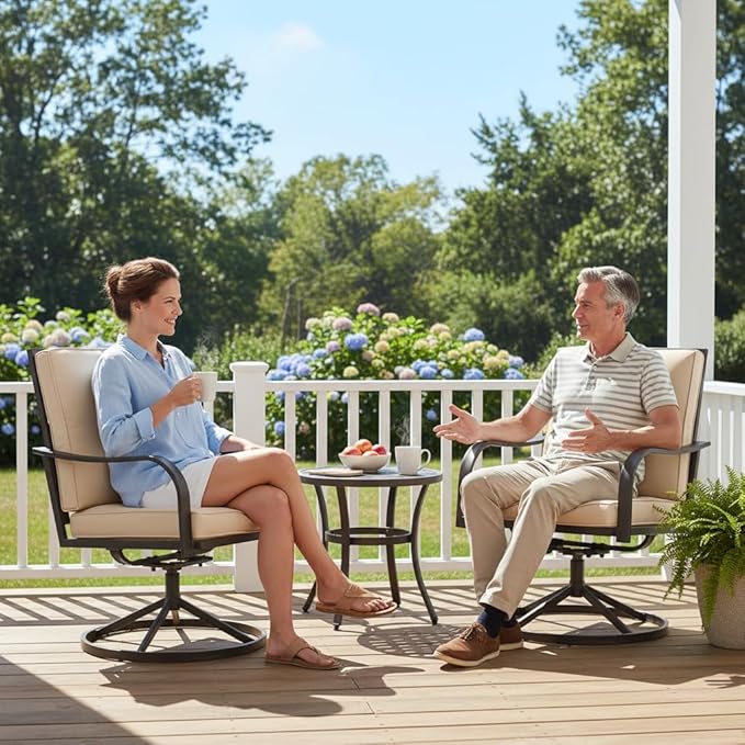 Patio Swivel Chairs Set of 2, Outdoor Swivel Dining Chairs with Thickened Cushions, All Weather Metal Patio Chair for Garden Lawn Porch, Beige