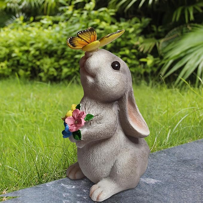 Solar Garden Statue LED Outdoor Garden Decor Funny Animal Sculpture for Yard Patio Lawn Weatherproof Resin Birthday Art Gift（Rabbit and Butterfly）