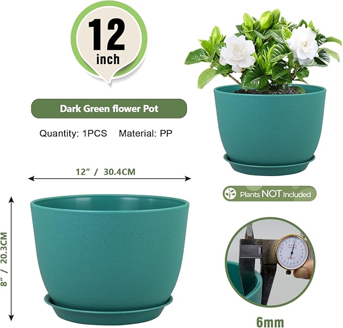 Meowell Plant Pots 12 inch, Plastic Planters with Drainage Holes and Saucers, Large Flower Pots for Indoor Outdoor Plants, Modern Decorative Pots for Garden House Plants, Blue Green