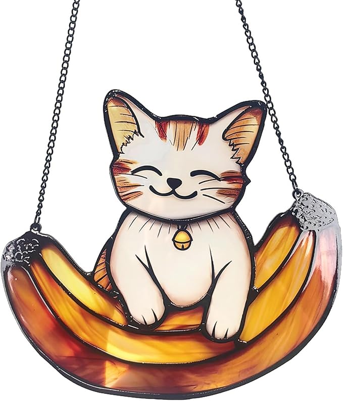 Acrylic Hanging Cat Holding a Banana for Window Doors Home Decoration，Sun Catchers for Windows Hanging，Valentine's Day Mother's Day Birthday Gifts (TYU734)