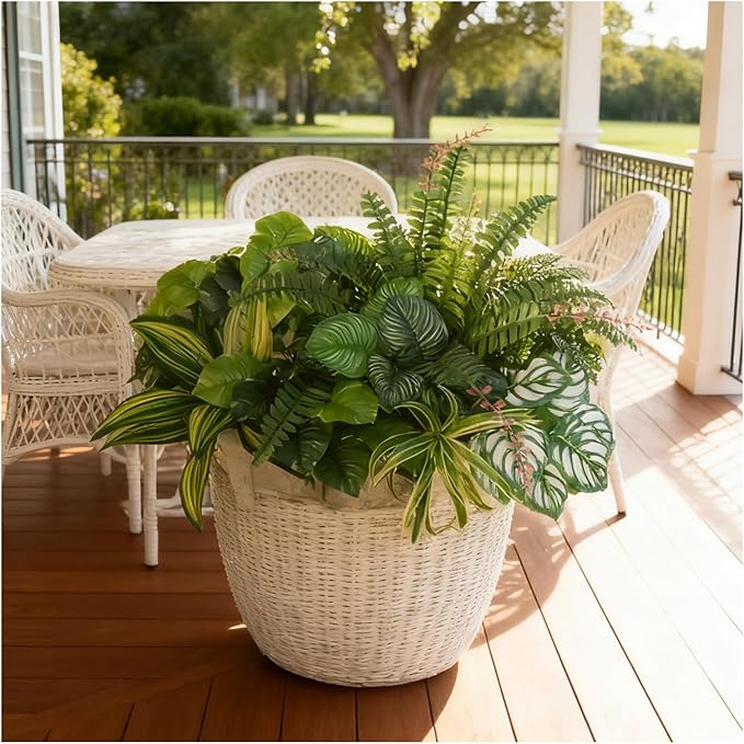 Large Realistic Faux Outdoor Plants, Artificial Greenery Set with Silk Leaves for Patio, Porch, Garden Decor, UV Resistant Plastic Stems, Lifelike Shrubs for planters and Front Door Decorations