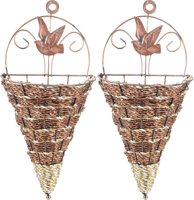 POPETPOP Wall Hanging Flower Pot Rattan Cone Shaped Planter Indoor Wall-Mounted Decorative Basket with Iron Frame Space-Saving Design