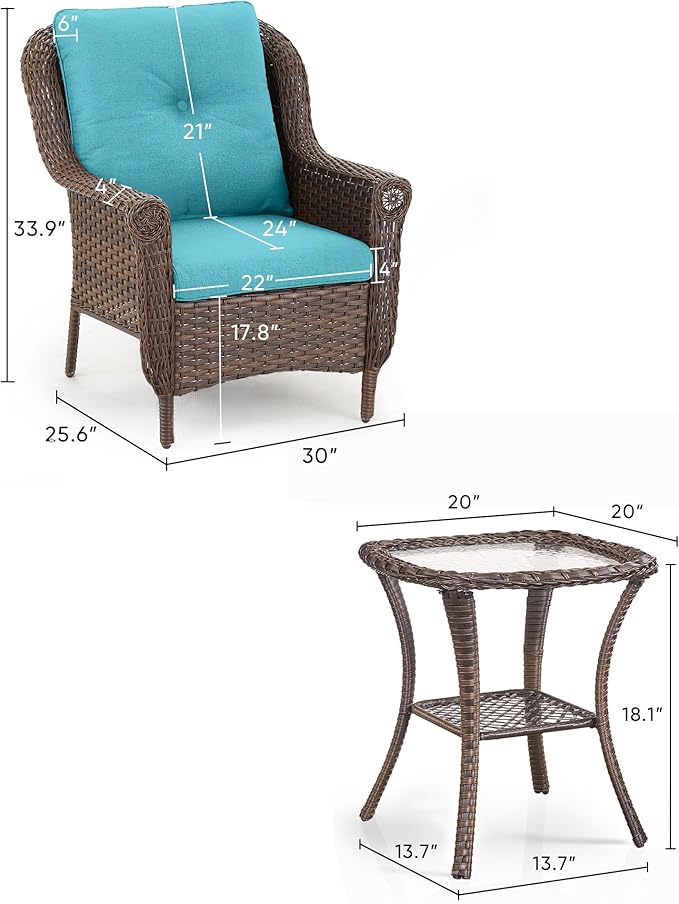 3 Piece Patio Brown Wicker Chairs with Side Table - Outdoor High Back Heavy Duty All-Weather Lawn Dining Rattan Chair Conversation Bistro Set for Deck Porch Balcony Backyard Garden - Turquoise