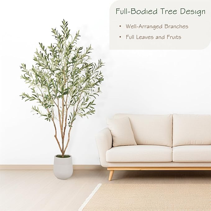 Bellacat 7ft Super Fuller Faux Olive Tree with White Decorative Planter & Multiple Real Wood Trunks, 84in Artificial Olive Tree with Realistic Fruits, Fake Olive Tree for Indoor & Outdoor Décor