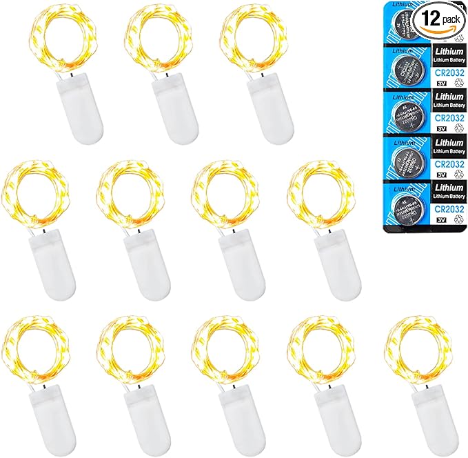 12 Pack Fairy Lights Battery Operated String Lights, 10 LED on 3.3ft Silvery Copper Wire,High Brightness for Wedding Christmas Flowers Gift Box Decoration (12 Pack, Warm White)