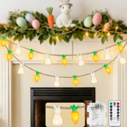 YIQU Easter Decoration String Lights, 10FT 12LED Bunny Carrot Mantel Garland Battery Operated with Remote Timer 8 Modes, Hemp Rope Banner for Fireplace Table Wall Spring Party Indoor Outdoor Decor