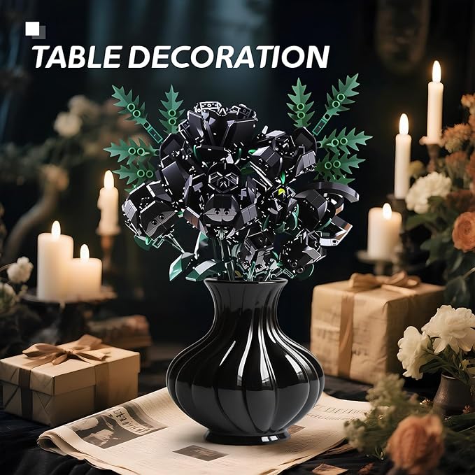 SIENON Black Rose Bouquet Building Set-10pcs Black Roses & 2pcs Leaves Botanical Collection, Artificial Flowers for Gothic Home Halloween Décor Women Gothy Teens (No Vase)