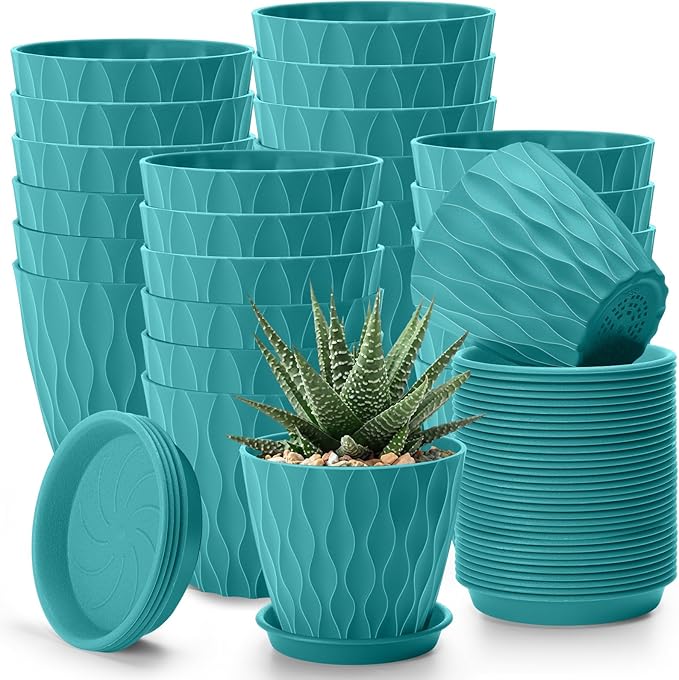 Acellegic 24 Pack 4 Inch Small Pots for Succulents, Waffle Texture Pots with Tray, Plastic Planter with Drainage Holes and Saucers, for Indoor Outdoor Plants Flowers, Seedlings (Lake Green)