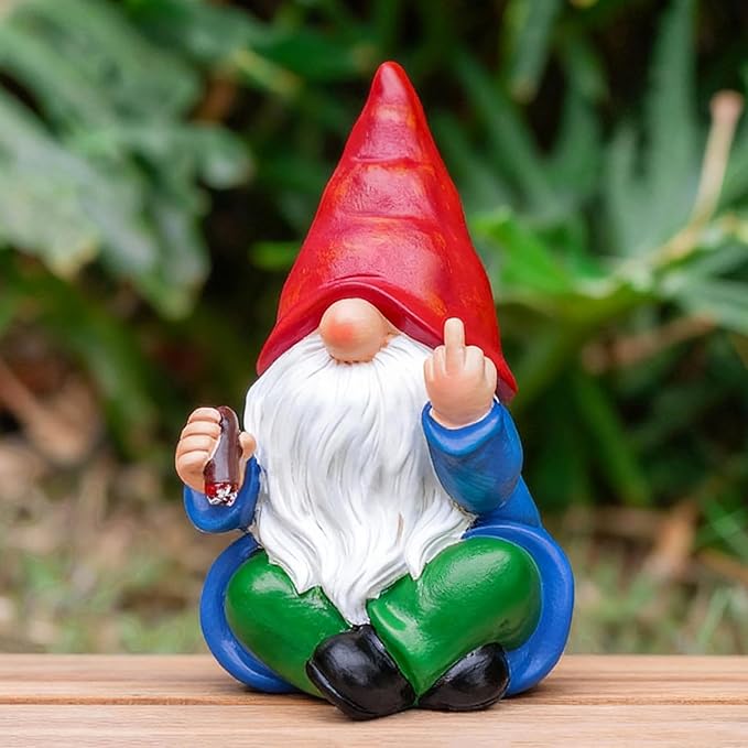 Middle Finger Gnome Statue 6.3in, Naughty Garden Gnomes Yard Lawn Decoration Funny Smoking Gnome Statue Indoor Outdoor Home Decor - Birthday Christmas Gag Gift