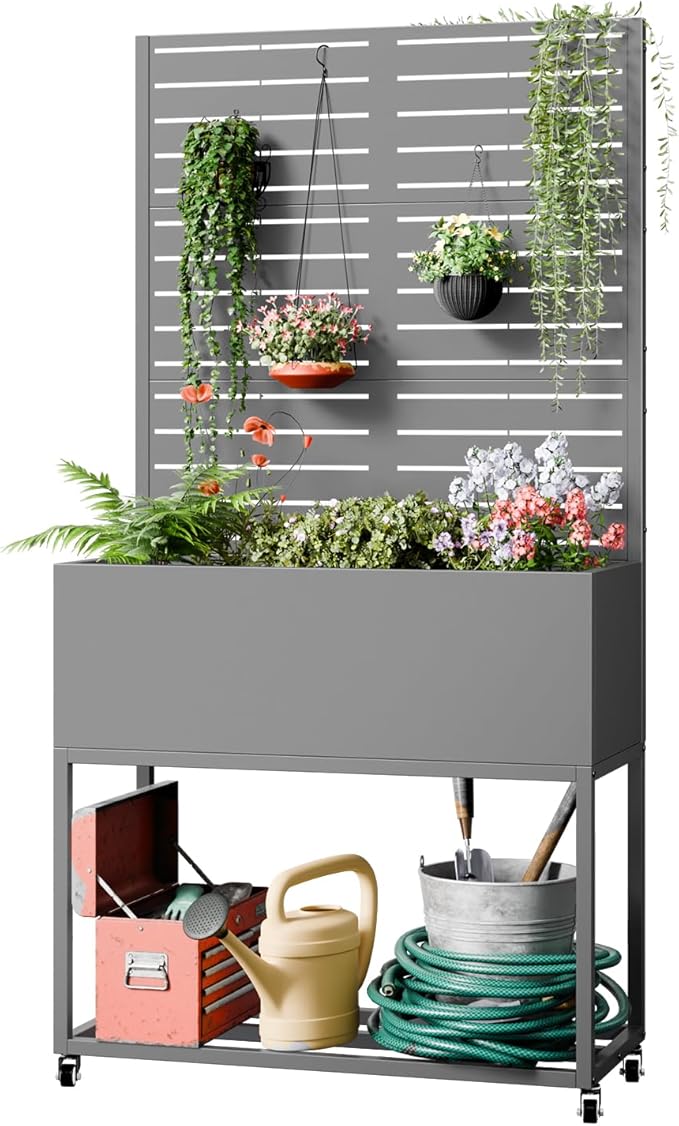 Metal Planter Box with Trellis,67" H x35 W Raised Garden Beds with Privacy Screen for Climbing Plants Flower, Elevated Standing Planter Garden Bed with Drainage Holes for Outdoor Patio,Grey