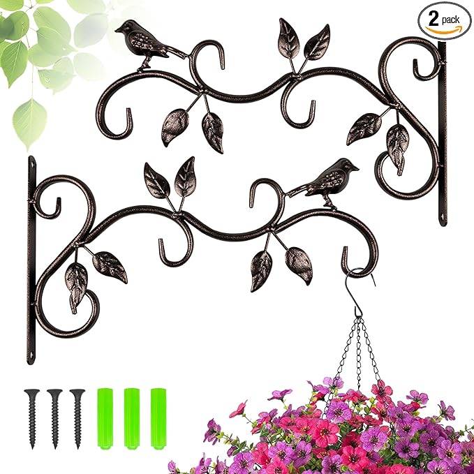 B BRIDGE ABROAD Hangers Outdoor Metal Hanging Plant Bracket Bird Feeder Plant Hooks for Hanging Flower Basket, Wind Chimes, Solar Lanterns, Three Colors.2 Pack Metal Iron Hook. (Bronze Red)