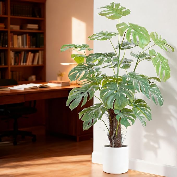 ilitphke 48 Inches Artificial Monstera Deliciosa Plant 4ft Fake Swiss Cheese Potted Faux Tropical Floor Plants, Potted Faux Tree for Home Office Living Room Decor