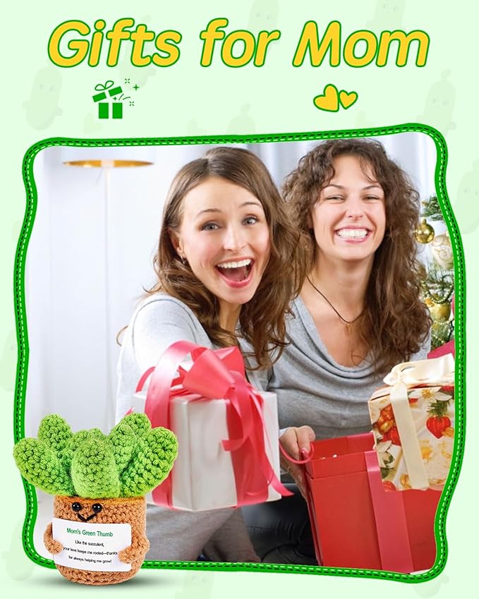 JELUTAR Gifts for Mom Crochet Positive Succulent, Mother's Day Birthday Gifts from Daughter Son for Mom Friends Wife Cute Funny Plant Decors (Mom's Green Thump)
