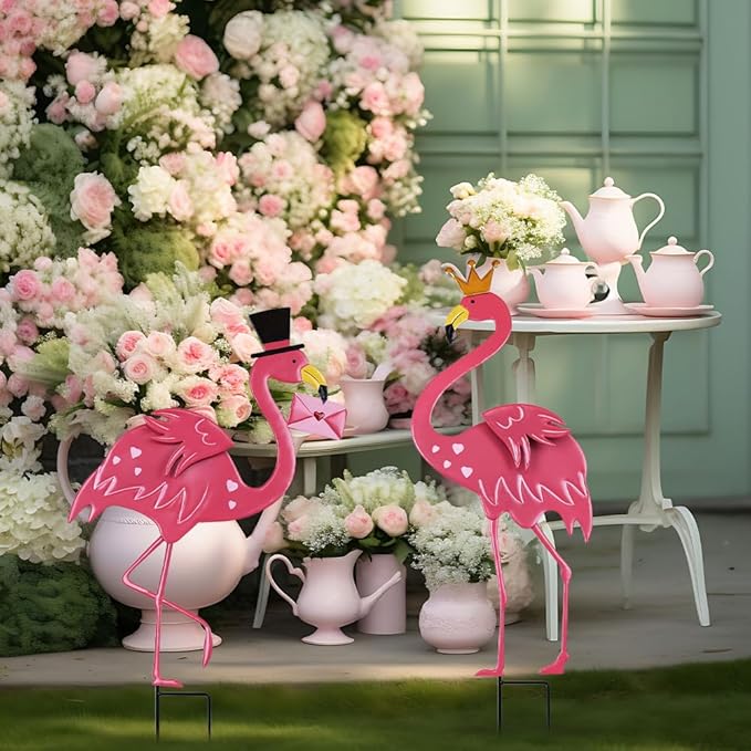 hogardeck Valentines Day Decorations Outdoor, 2 Pcs 31" Metal Flamingos Decorative Garden Stakes for Valentines Day Decor, Yard Sign for Home Outside Lawn Porch Anniversary Wedding Party