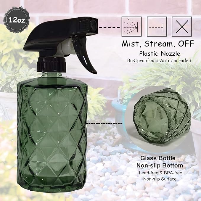Green Glass Plant Mister Bottle, 12oz Refillable Water Spray Bottle with Adjustable Mist Nozzle for Indoor Flowers, Outdoor Gardening, Cleaning, Hair and Pets Care
