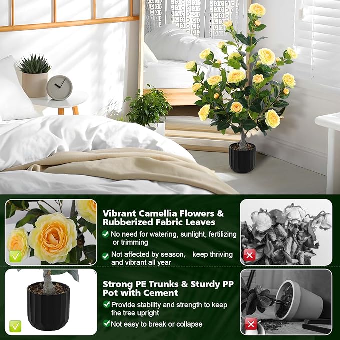 Hananona 2 Pcs Artificial Camellia Trees Faux Camellia Plant in Pot with Flowers Indoor Plants for Spring Home Decor Outdoor Porch Front Door Decor (Yellow, M)