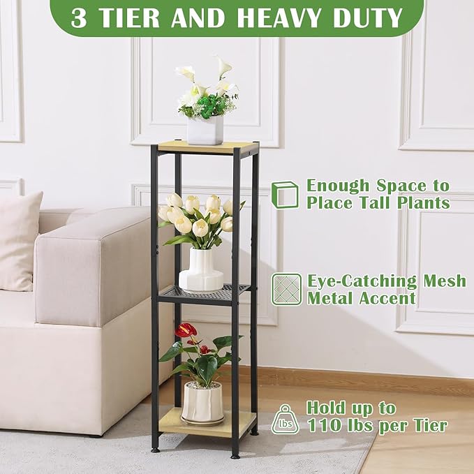 Dipion Extra Tall Plant Stand Indoor,40 Inch Plants Stands,3 Tier Metal Plant Stand with Heavy Duty Wood and Metal Mesh Shelf,Yellow Oak and Black