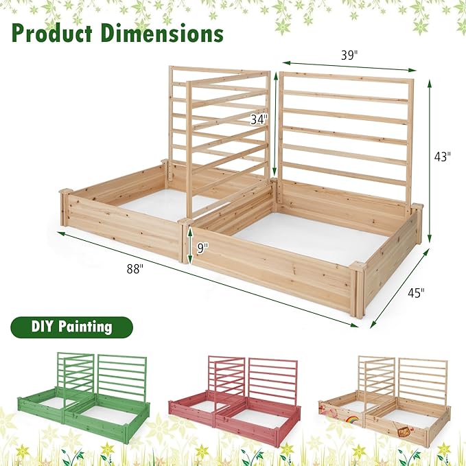 S AFSTAR Raised Garden Bed with 3 Trellis & 2 Planter Boxes, 88" L x 45" W x 43" H Outdoor Wooden Planter Box Kit for Flower Herb Vegetable Fruit Climbing Vines, Gardening Planter for Garden Patio