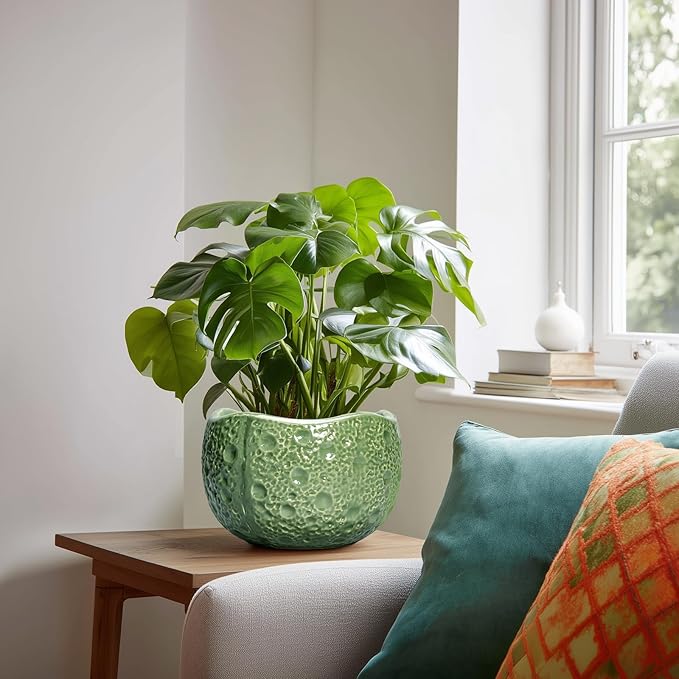Thirtypot 8 Inch Plant Pot - Ceramic Pots for Plants with Drainage Hole, Round Decorative Plant Pots for Indoor Outdoor, Modern Unique Flower Pot, Office Decor, Garden Gifts, Green