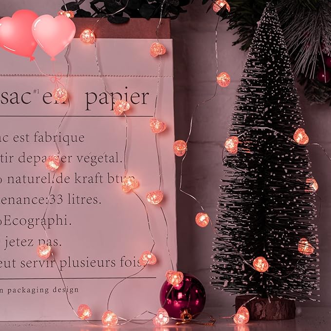 Valentine’s Day Fairy String Lights - 10.5 ft 30 LED Pink Heart Battery Operated Fairy Lights with Timer and Remote, Twinkle Heart Lights for Wedding DIY Indoor Christmas Gift Valentine's Day