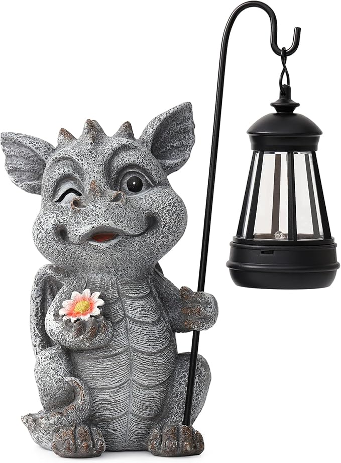 Ploxoiven Garden Figurines Dragon Statue Decorations - Solar ResinDragon with Solar Garden Lights Outdoor Decorations for Patio,Yard,Lawn,