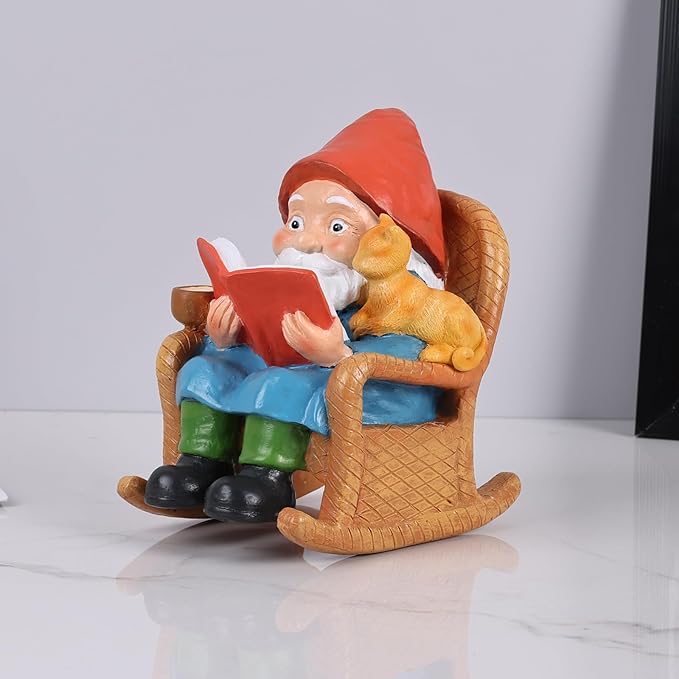 Reading Garden Gnome Statue with Cat and Coffee Cup – 5.3" Resin Gnome Figurine on Rocking Chair, Hand-Painted Funny Gnome Decoration for Yard, Patio, Lawn, or Home Décor