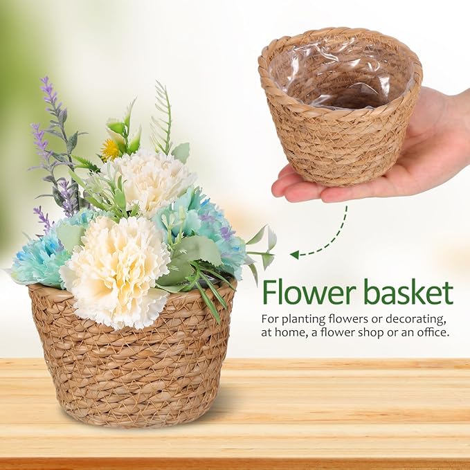 Alipis Seagrass Planter Basket: 5.11" Mini Woven Flower Pots with Leak-Proof Liner - Rattan Storage Basket Plant Container for Indoor Outdoor Garden Home Office Decor