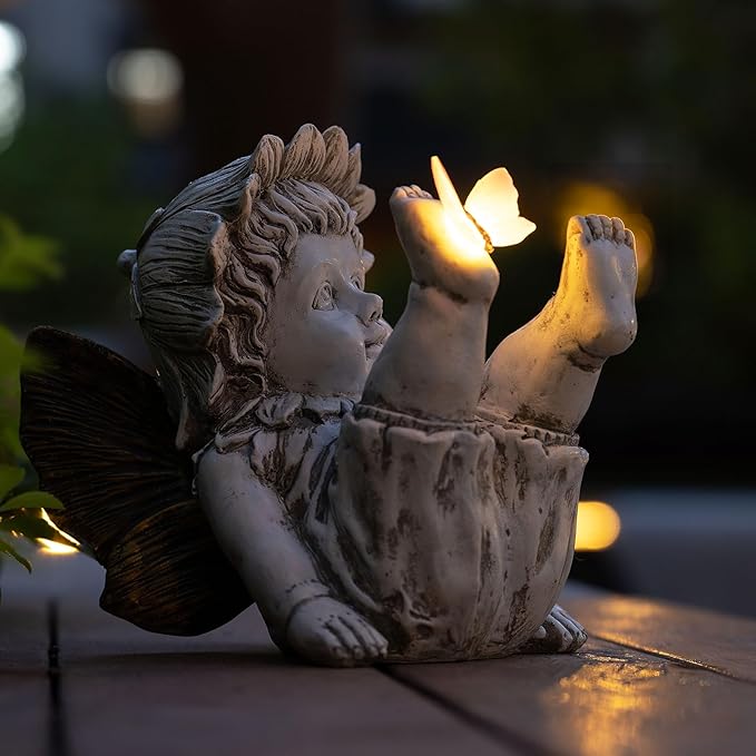 Fairies for Fairy Garden Solar Decor - Fairy Figurines Resin Outdoor Statues Ornaments with Light up Butterfly for Patio,Lawn,Yard,Porch,Outside Angel Gifts