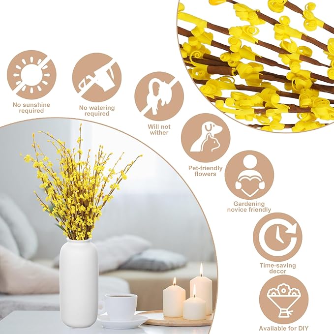 10 Pcs Long Stem Artificial Jasmine Flowers Yellow Fake Flowers Dried Fall Stems for Home Office DIY Floral Art Plant Wedding Fall Stems for Vases Party Thanksgiving Decor