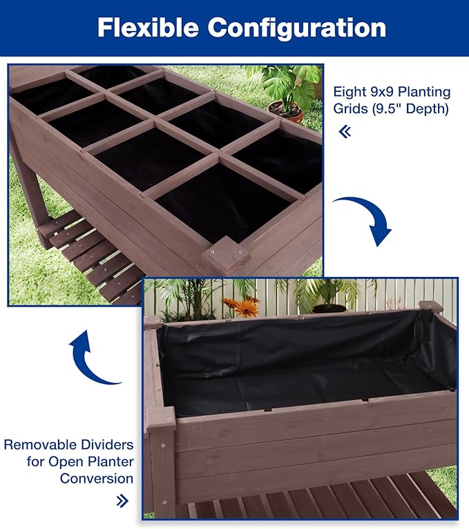 Raised Garden Bed Outdoor with Wheels, 52.7" Elevated Wooden Garden Bed with 8 Planter Boxes, Removable Dividers, Storage Shelf, Standing Mobile Planter with Non-Woven Liner