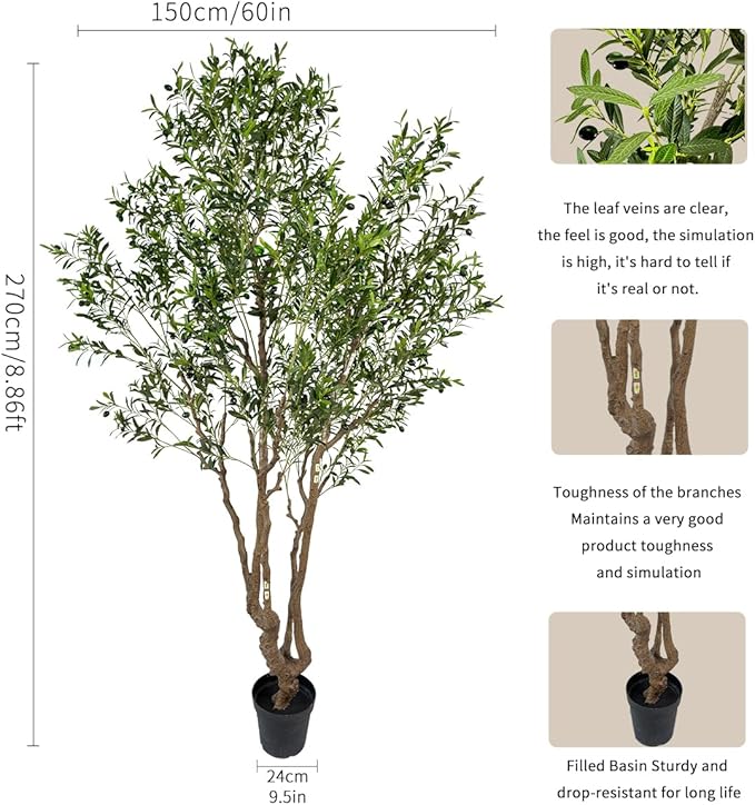 AfanD Artificial Olive Tree - 9ft Tall Fake Olive Plant in Pot - Faux Silk Tree for Indoor