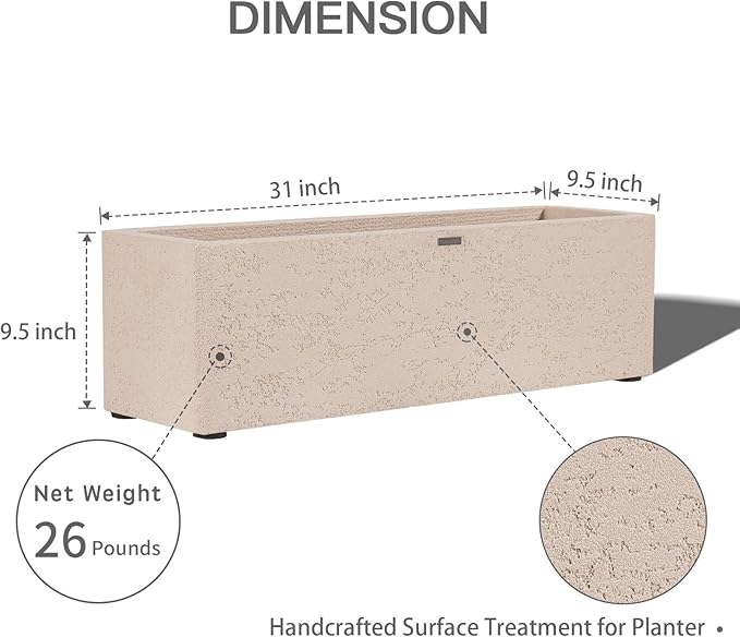 TerraDeco 31 Inch Rectangular Concrete Planter,Durable All-Weather Use with Drainage Holes,Large Rectangular Planter for Outdoor Indoor Plants