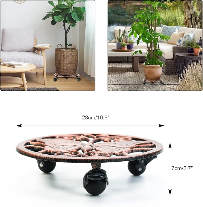 Sungmor Heavy Duty Cast Iron Plant Caddy with Wheels - 2 Pack Vintage Butterfly Design Plant Stand, Metal Rolling Plant Tray for Indoor & Outdoor Use - 11 Inch, Antique Bronze