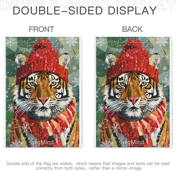Tiger with Red Scarf and Hat Snowflake Christmas Garden Flag, 28x40 Inch Double Sided Linen Holiday Red Winter Farmhouse Yard Outdoor Decoration (4327)