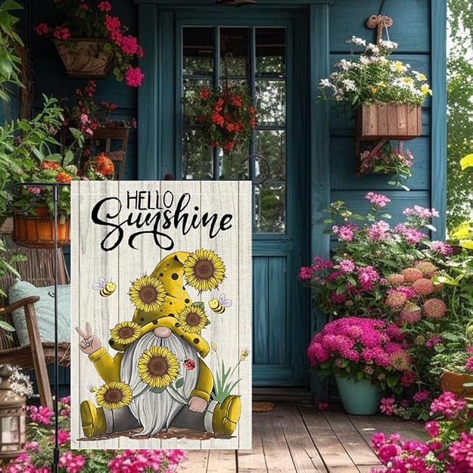 Welcome Sunshine Garden Flag 12x18 Inch Double Sided Small Burlap Gnome Sunflower Garland Summer Garden Flags Decor Home Yard Lawn Holiday Outdoor Flags Decorations