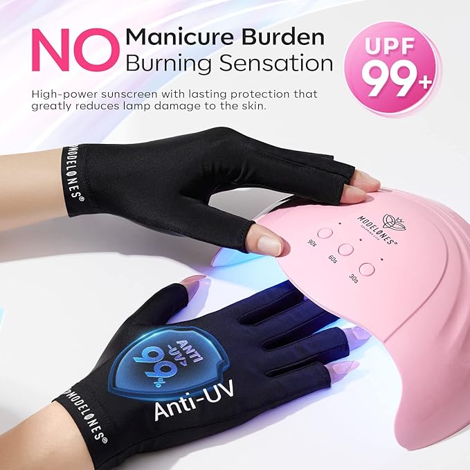 modelones UV Gloves for Gel Manicures, Professional UPF99+ Anti UV Protection Gloves for Gel Nail Lamp (Black)