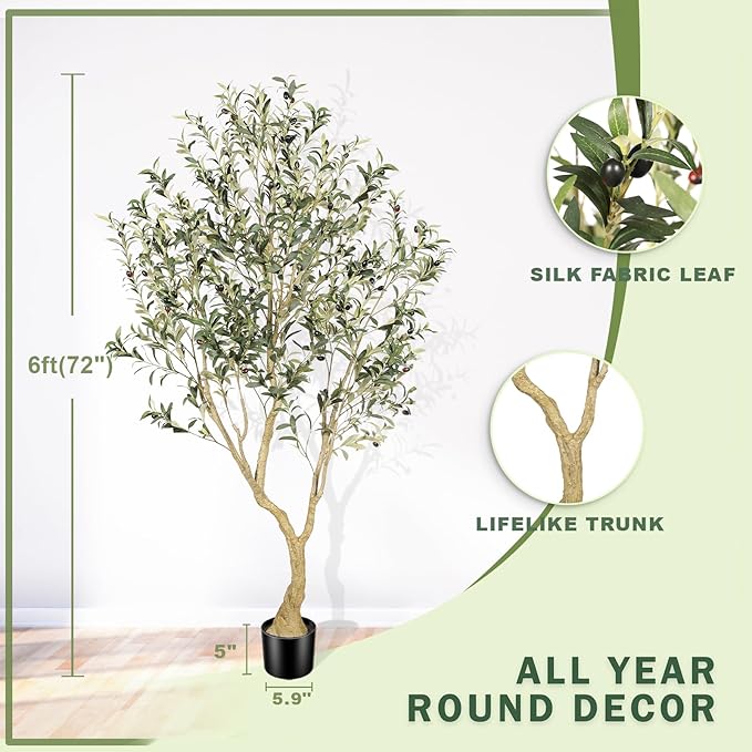 Olive Tree 6ft - Olive Trees Artificial Indoor with Large Olive Branches and Lifelike Fruits - Faux Olive Tree for Modern Home Office House Living Room Decor
