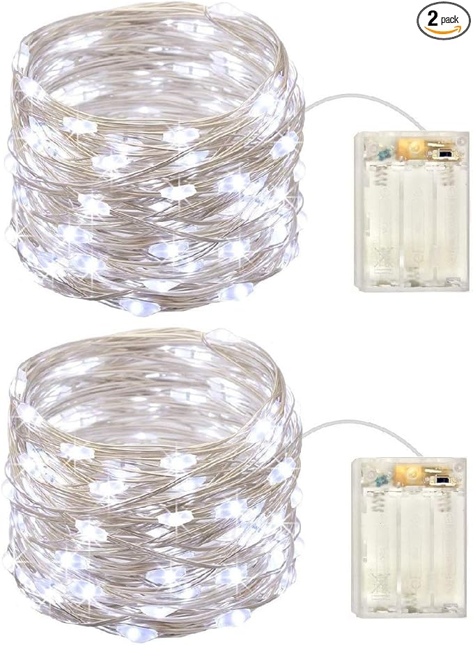 2 Pack Battery Operated Mini Lights,Indoor Led Fairy Lights with Timer 6 Hours on/18 Hours off for Wedding Party Decorations,50 Count Leds,17 Feet Silver Wire(Cold White)