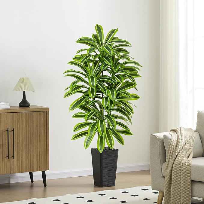 Artificial Yellow Dracaena Tree - 6FT Tall Fake Plants with Black Planter - Artificial Plants Indoor Floor Plant in Pot - Large Tropical Fake Yucca Potted Tree for Home Office Living Room Decor