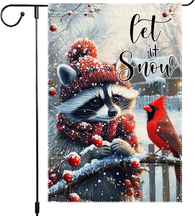 Winter Gardening Flag 12x18 inch Double-sided Cotton Fabric Garden Flag, Cute Red-Haired Bear Bird Snow Scene Outdoor Decor Flags, Christmas Winter Seasonal Welcome Flag