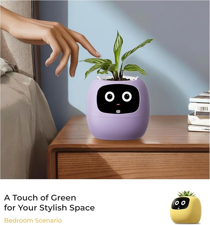 Ivy AI Smart Plant Pot with Emoji Intelligent Planter Robot for Houseplants Tamagotchi Flower Pot Stylish Plantagotchi Home Decor(Violet)