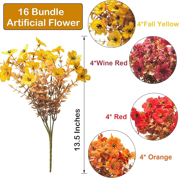 AITISOR 16 Bundles Artificial Fall Flowers Outdoor UV Resistant, Faux Greenery for Hanging Planters & Window Box - No Fade Thanksgiving Christmas Decor, Garden Porch Wedding (Mixed Colors)